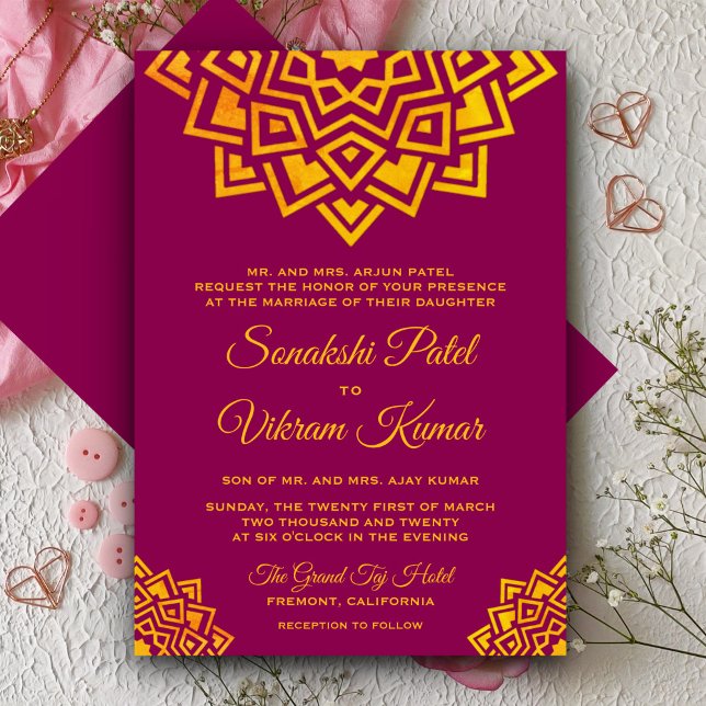 Convite de Casamento Indiano Mandala em Ouro Rosa  (Criador carregado)