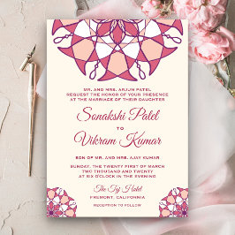 Convite de Casamento Indiano Mandala Rosa Elegante
