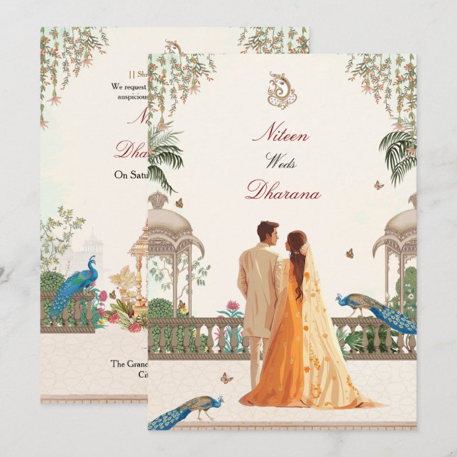 Convite de Casamento Indiano Pavão Real (Frente/Verso)