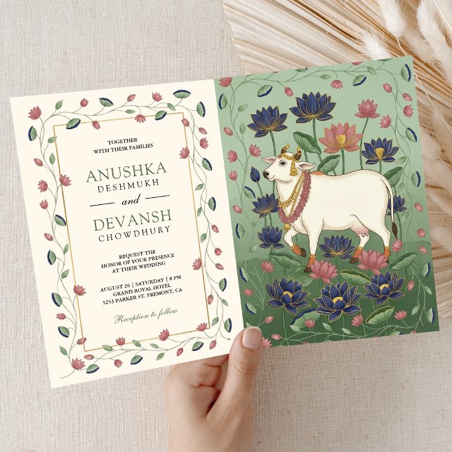 Convite de Casamento Indiano Pichwai Kamdhenu Vaca (Criador carregado)