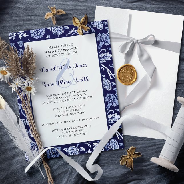 Convite de Casamento Indigo Azul com Flores Silves (Criador carregado)