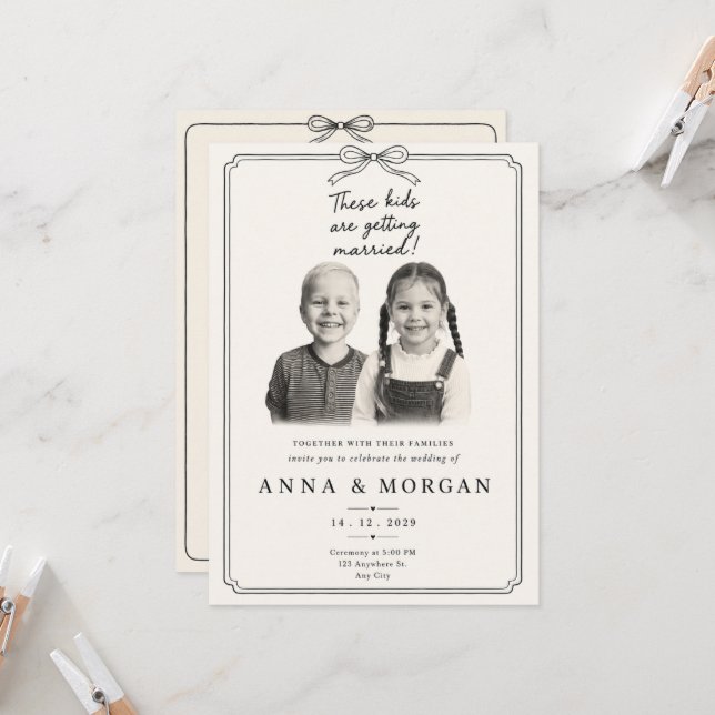 Convite de Casamento Infantil Preto e Branco Vinta (Frente/Verso In Situ)
