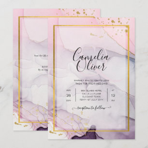 Convite de Casamento INK Rosa Roxo Lavanda Dourado