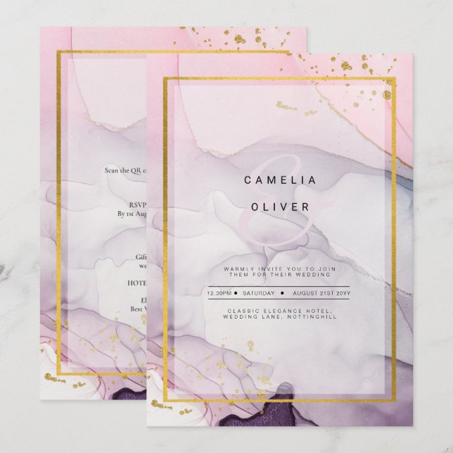 Convite de Casamento INK Rosa Roxo Lavanda Dourado (Frente/Verso)