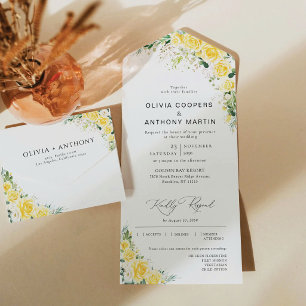 Convite de Casamento Inteiriço Floral Amarelo Eleg