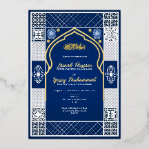 Convite de Casamento Islâmico Azul Escuro com Arab