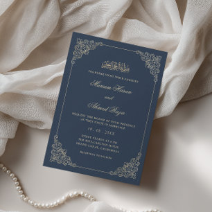Convite de Casamento Islâmico Azul Naval Romântico