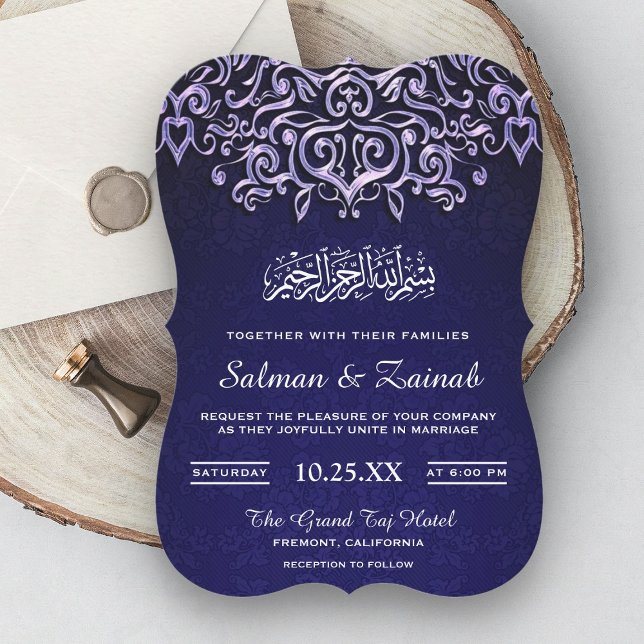 Convite de casamento islâmico Blue Damask (Criador carregado)