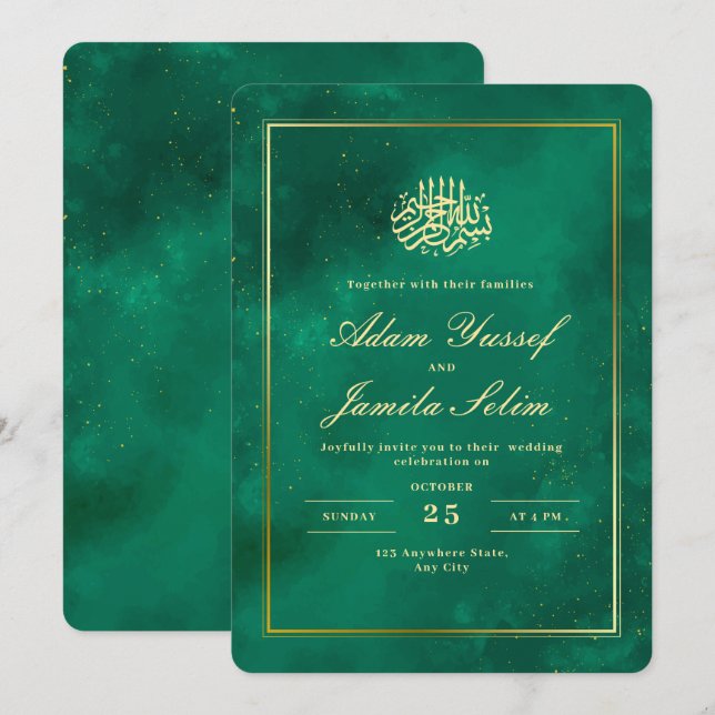 Convite de Casamento Islâmico, Casamento Verde Esm (Frente/Verso)