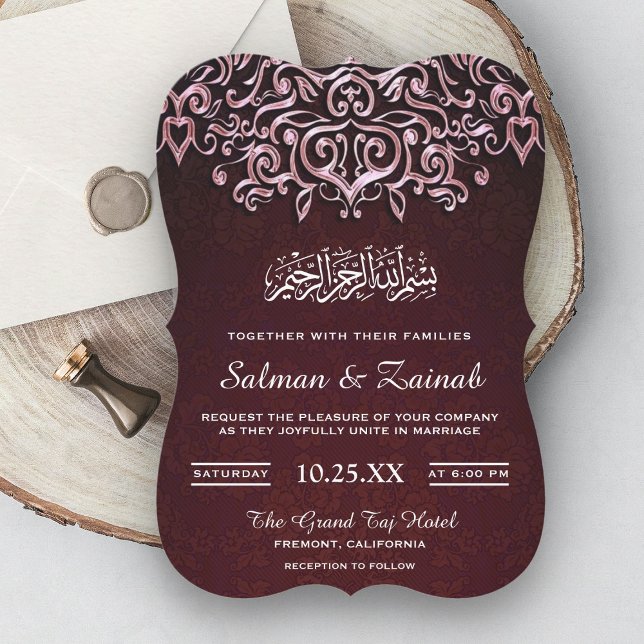 Convite de Casamento Islâmico Damask Marrom (Criador carregado)