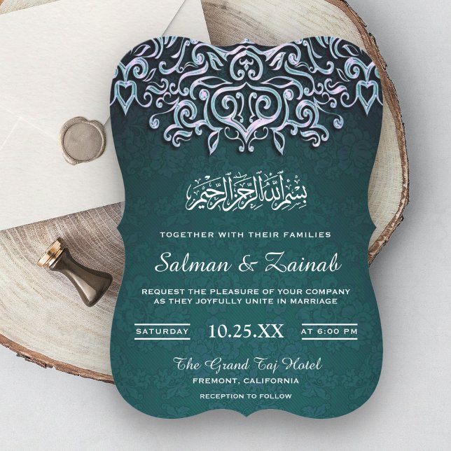 Convite de casamento islâmico em damasco azul-turq (Criador carregado)