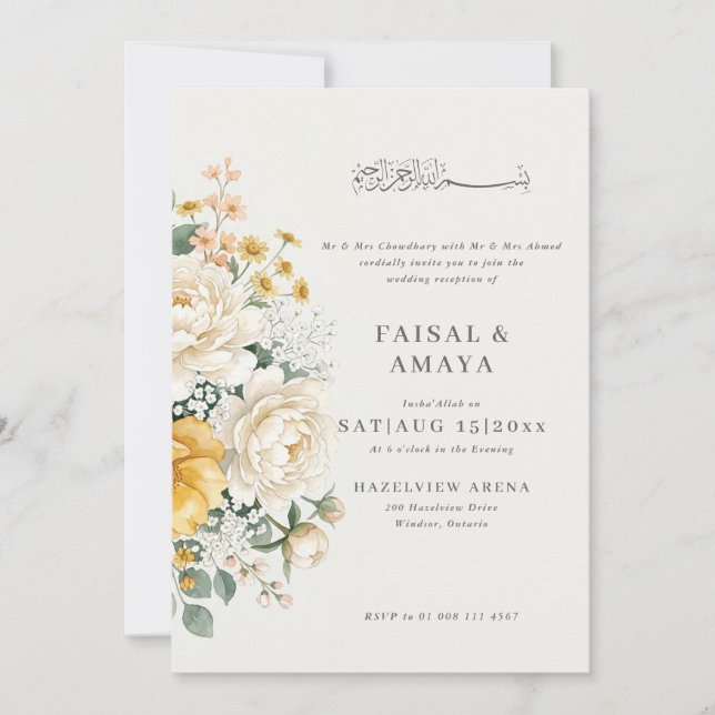 Convite de Casamento Islâmico Flor de Aquarela (Frente)