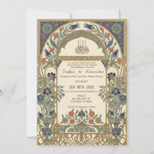 Convite de Casamento Islâmico Floral Dourado Elega