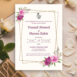 Convite de Casamento Islâmico Floral Rosa Roxo Dou