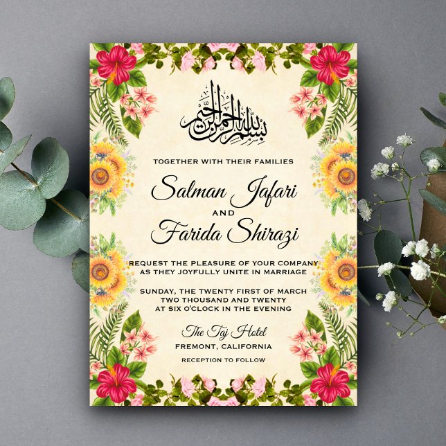 Convite de Casamento Islâmico Floral Tropical Vibr (Criador carregado)