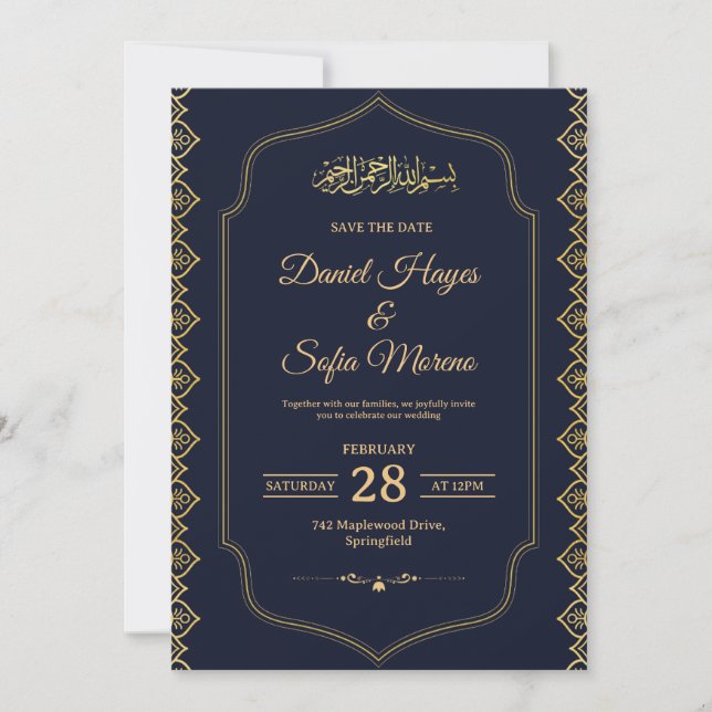 Convite de Casamento Islâmico Muçulmano Elegante (Frente)