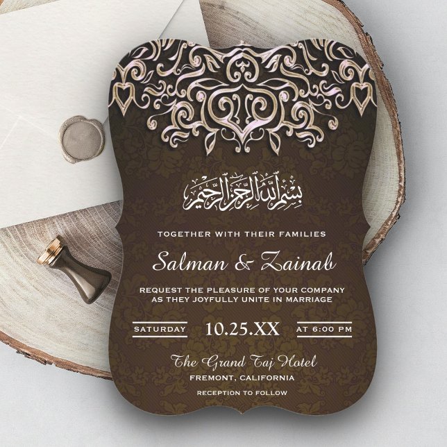 Convite de Casamento Islâmico Muslim Damask Marrom (Criador carregado)