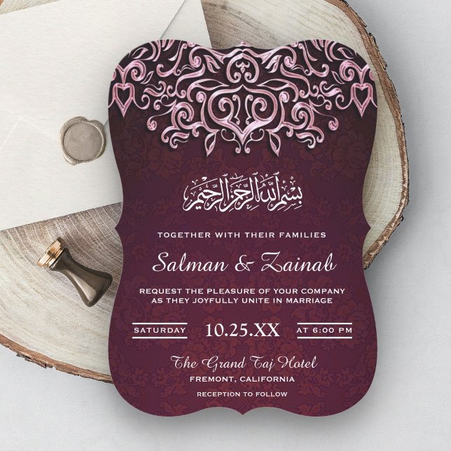 Convite de Casamento Islâmico Muslim Damask Rosa (Criador carregado)