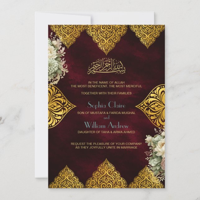 Convite de Casamento Islâmico Otomano de Luxo Verm (Frente)