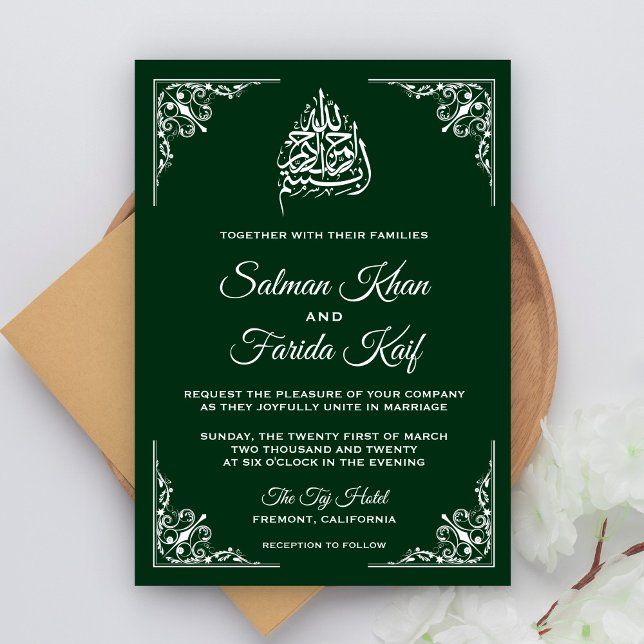 Convite de Casamento Islâmico Verde Elegante (Criador carregado)
