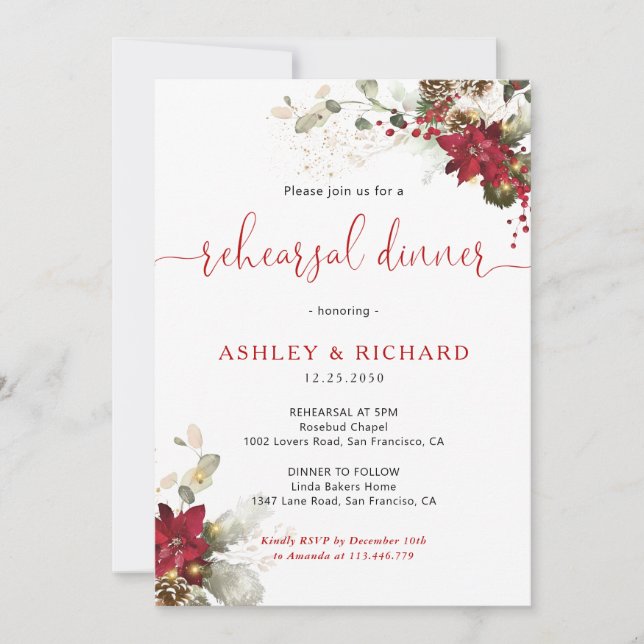 Convite de Casamento Jantar de Natal com Floral Ve (Frente)