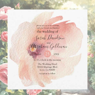 Convite de Casamento Japonês Floral Rosa Aquarela