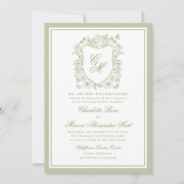 Convite de Casamento Jardim com Brasão em Verde Sá (Frente)