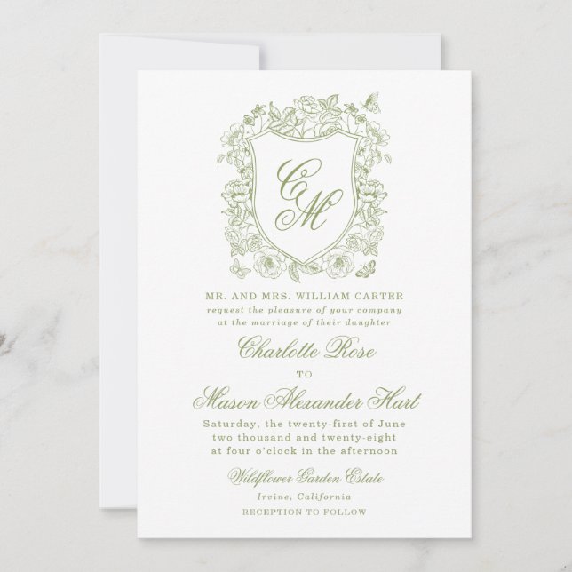 Convite de Casamento Jardim com Crista em Verde Sa (Frente)