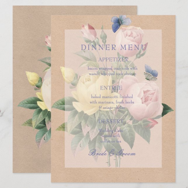Convite de Casamento Jardim da Rosa Inglesa Menu (Frente/Verso)