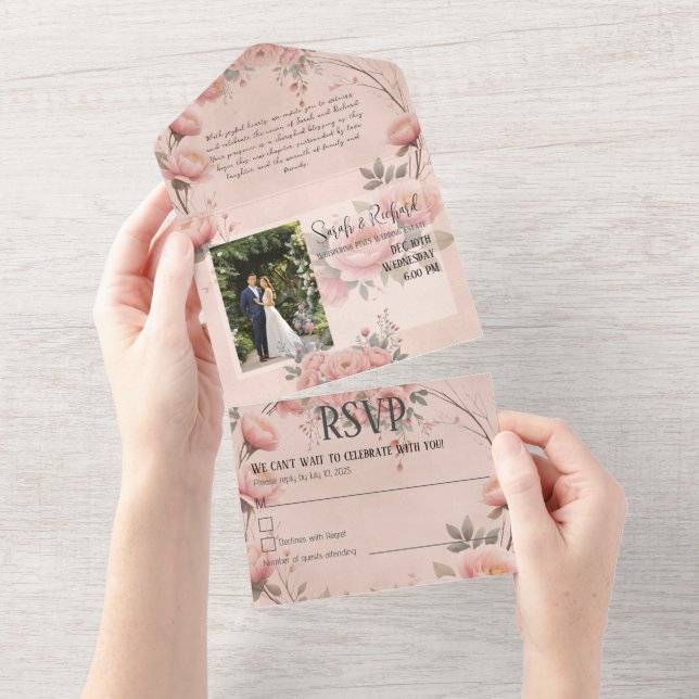 Convite de Casamento Jardim de Fadas Rosa Bege (Aba destacável)