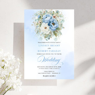 Convite de Casamento Jardim de Peônia Azul Poético