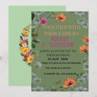 Convite de Casamento Jardim Floral Verde Salvia