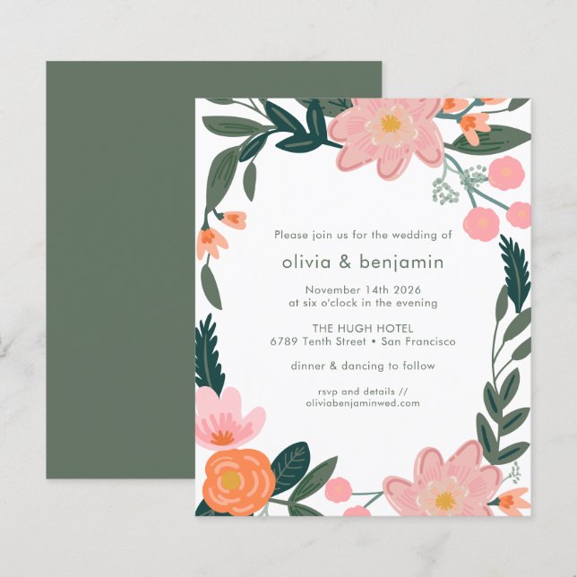 Convite de Casamento Jardim Flores Rosa Orçamento (Frente/Verso)