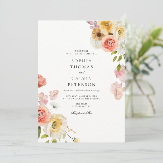 Convite de Casamento Jardim Romântico Rosa (Em pé/Frente)