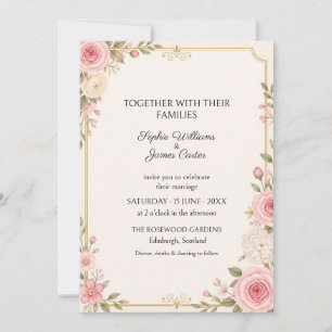 Convite de Casamento Jardim Rosa Bege Dourado