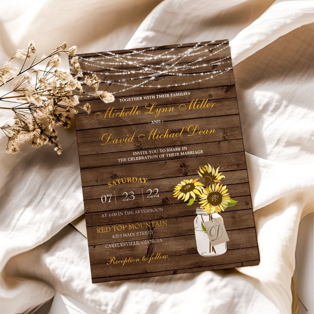Convite de Casamento Jarra Mason & Luzes de Girass (Criador carregado)