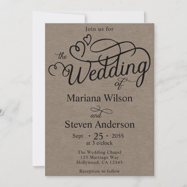 Convite de Casamento Kraft Marrom Simple Chic Scri (Frente)