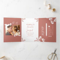 Convite de Casamento Kraft Salmão Motivo Botânico