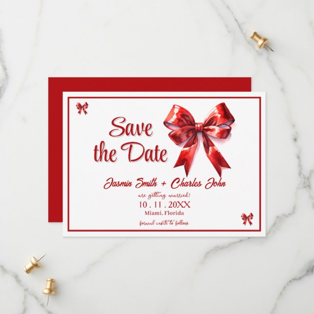 Convite de Casamento Laço Vermelho Coquete Bonito (Frente/Verso In Situ)