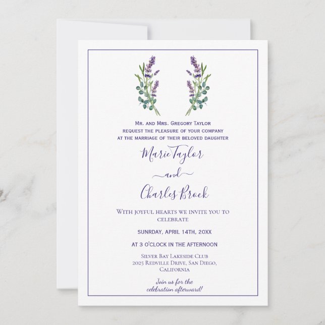 Convite de Casamento Lavanda Eucalipto (Frente)