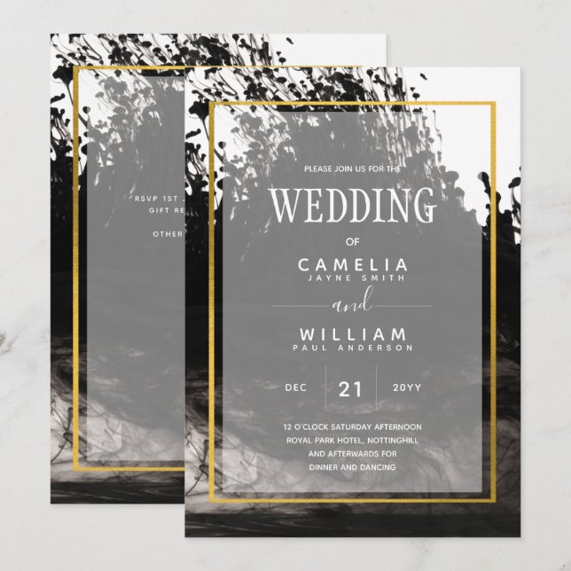 Convite de casamento LeahG Black Dourado INK (Frente/Verso)
