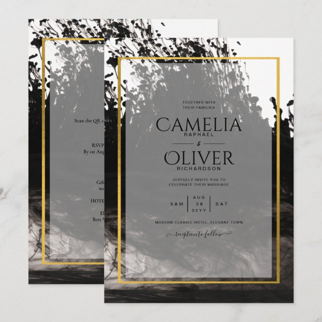 Convite de casamento LeahG Black Dourado INK (Frente/Verso)
