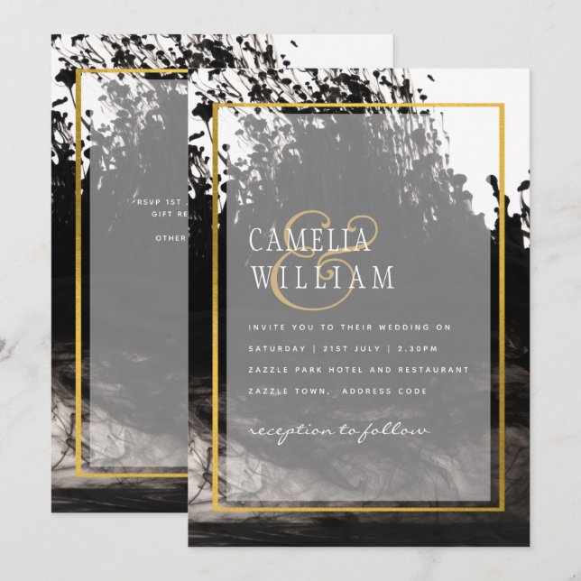 Convite de casamento LeahG Black Dourado INK (Frente/Verso)