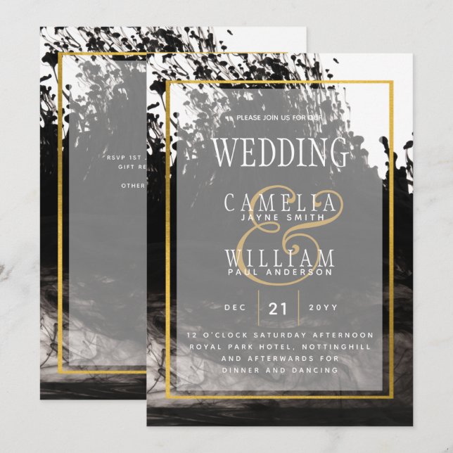 Convite de casamento LeahG Black Dourado INK (Frente/Verso)