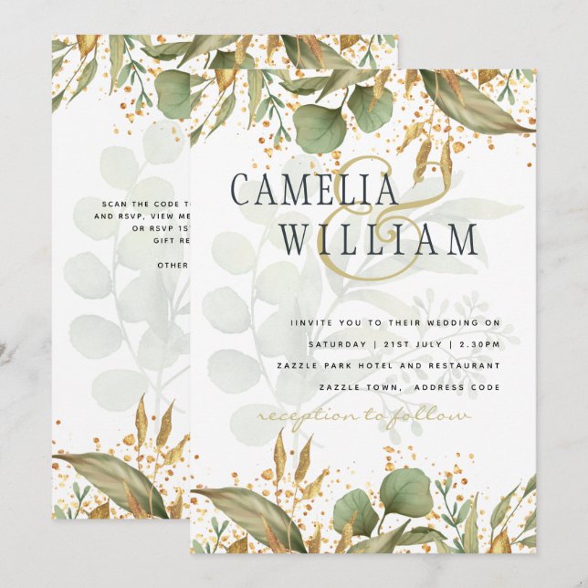 Convite de Casamento LeahG Botanical Greenery Gold (Frente/Verso)