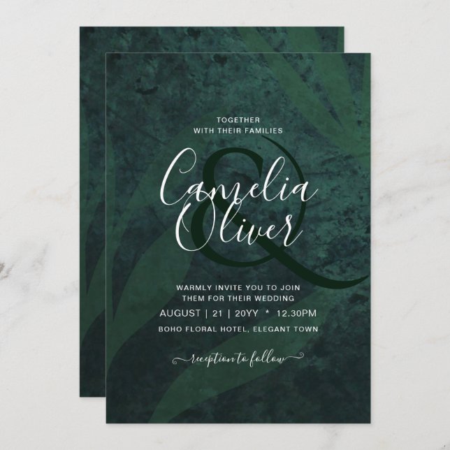 Convite de casamento LeahG Emerald Green Leaves Wh (Frente/Verso)