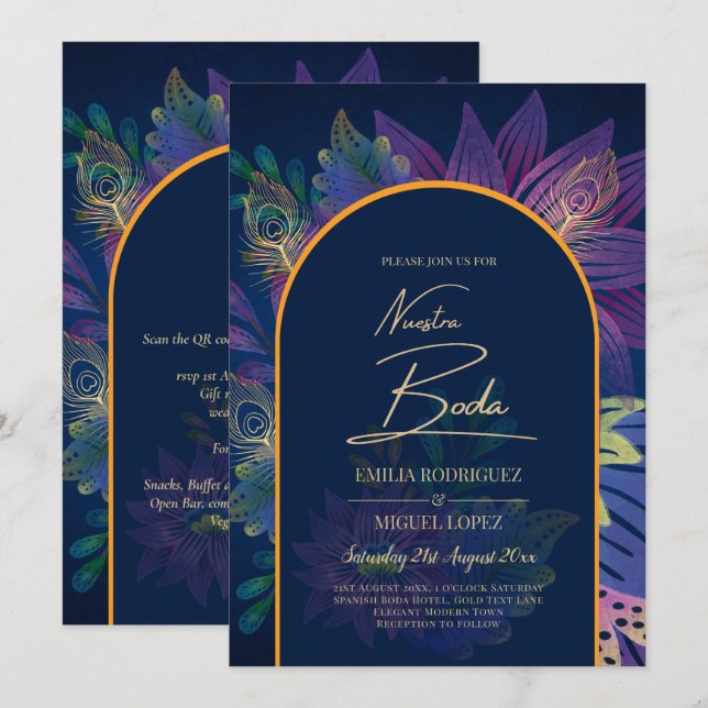 Convite de casamento LeahG Navy Purple Gold TONS D (Frente/Verso)