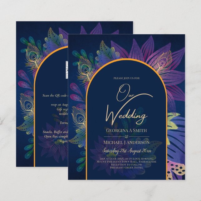 Convite de casamento LeahG Navy Roxo Dourado TONS  (Frente/Verso)
