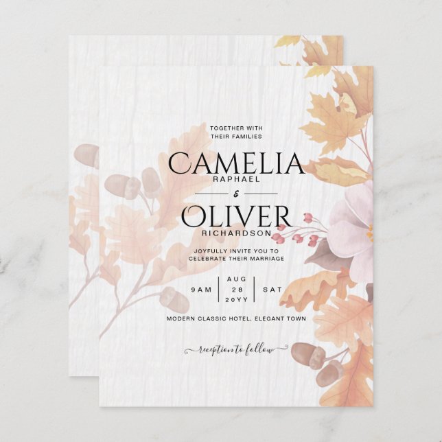 Convite de Casamento LeahG Terracotta Folhas de Ou (Frente/Verso)