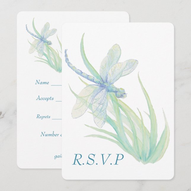 Convite de Casamento Libélula Azul Aquarela (Frente/Verso)